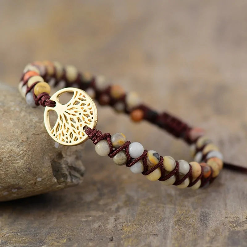 Tree Charm African Jasper Braided Bracelet